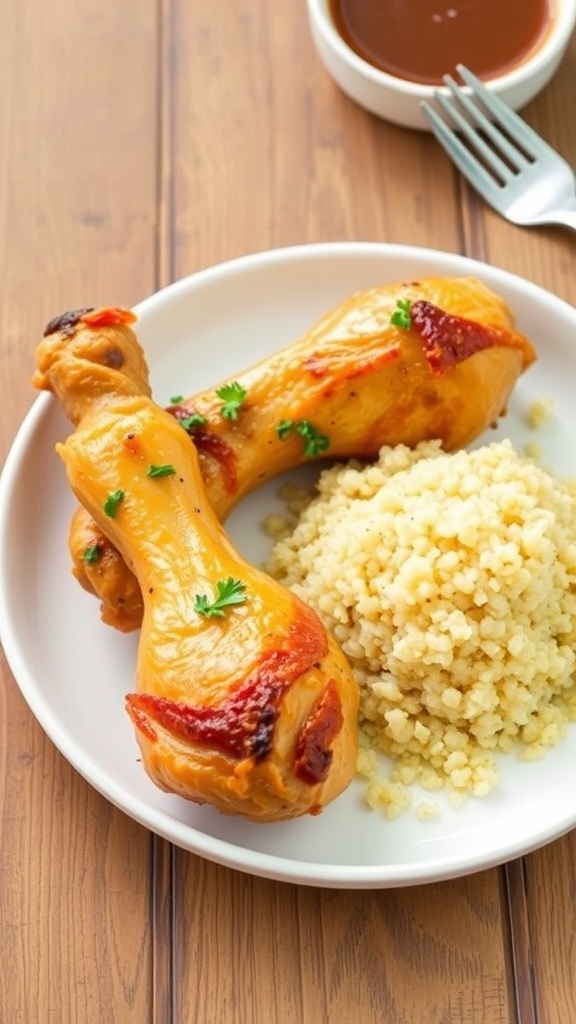 Baked chicken drumsticks on a plate with quinoa, garnished with herbs, on a rustic wooden table.